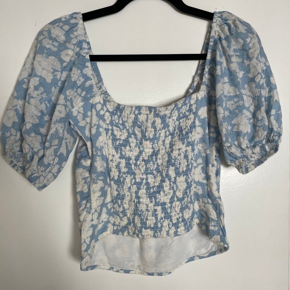 Abercrombie Light Blue and White Floral Linen Puff Sleeve Corset - Picture 3 of 5